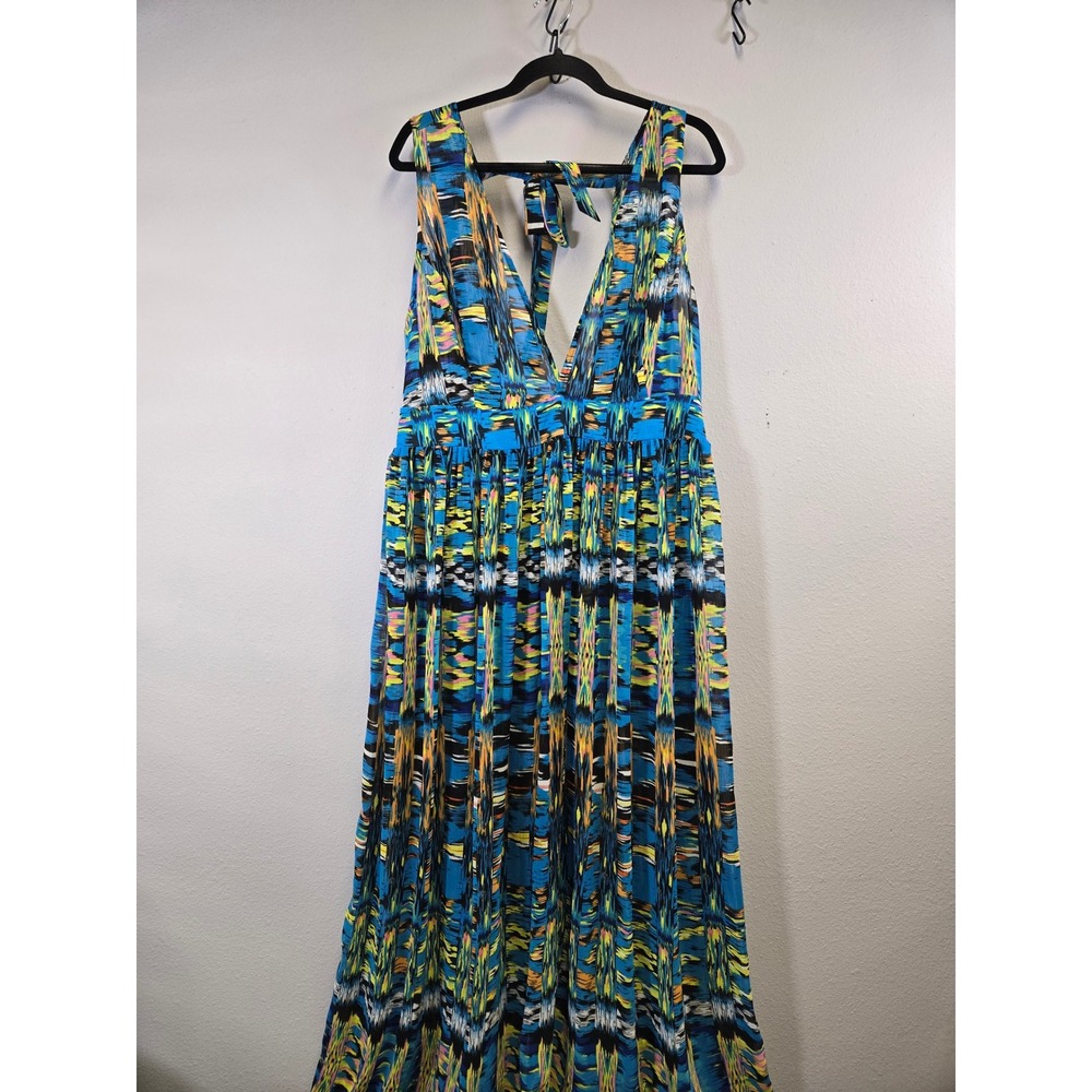 Forever 21 Abstract Ikat Print V-Neck Sleeveless Smocked Maxi Dress Blue 1X